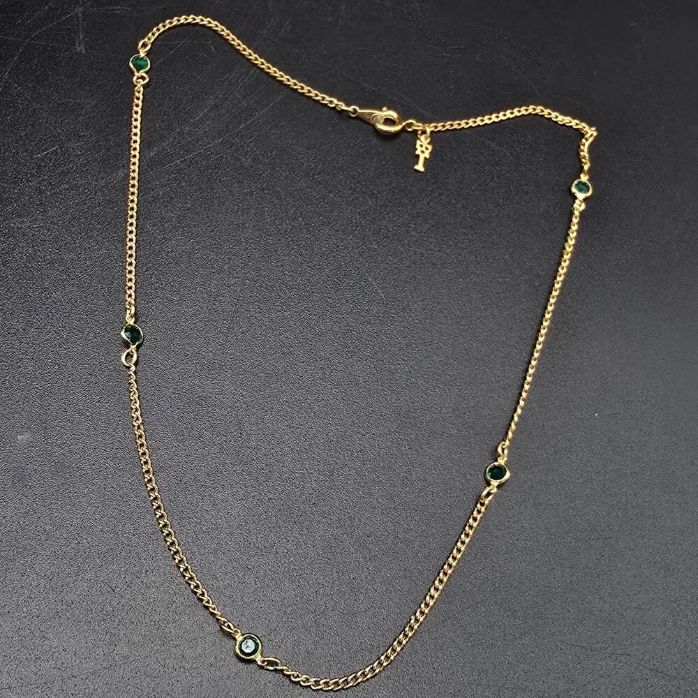 Trifari Gold Tone Green Station Necklace Chain Vintage Costume Jewelry